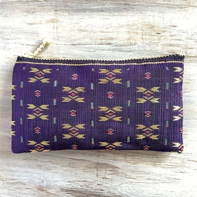 【夕暮れの街】畳縁 ぺたんこ ミニポーチ カードケース 小銭入れ 和風 紫 金 絣 宝石