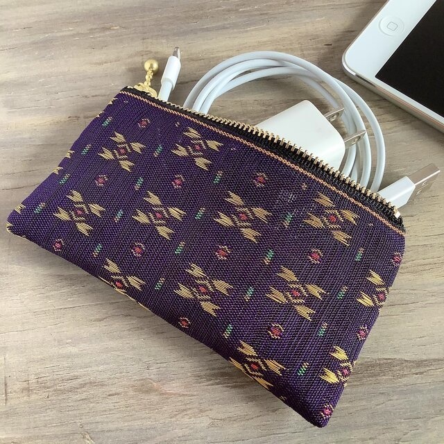 【夕暮れの街】畳縁 ぺたんこ ミニポーチ カードケース 小銭入れ 和風 紫 金 絣 宝石