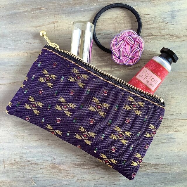 【夕暮れの街】畳縁 ぺたんこ ミニポーチ カードケース 小銭入れ 和風 紫 金 絣 宝石