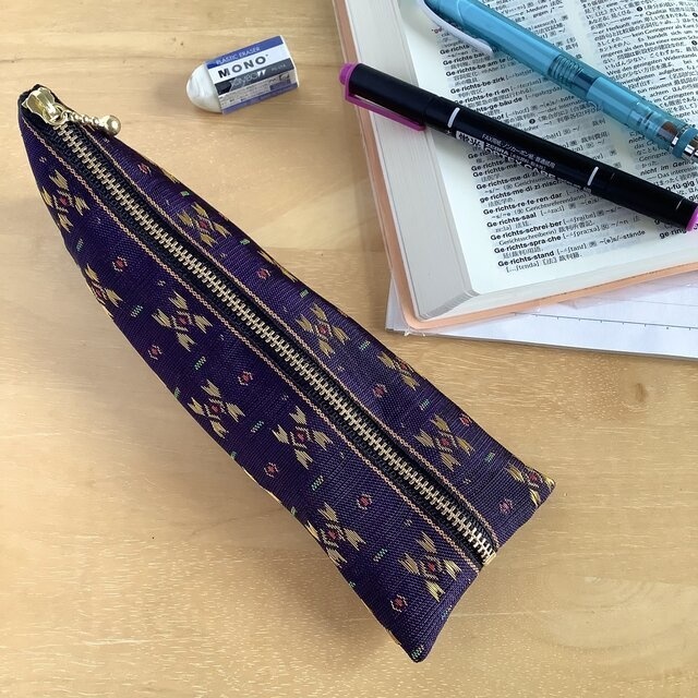 【夕暮れの街】畳縁 ぺたんこ ミニポーチ カードケース 小銭入れ 和風 紫 金 絣 宝石