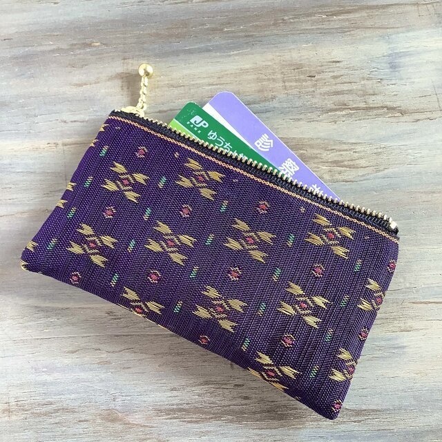 【夕暮れの街】畳縁 ぺたんこ ミニポーチ カードケース 小銭入れ 和風 紫 金 絣 宝石