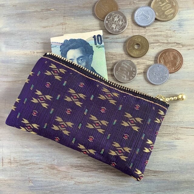 【夕暮れの街】畳縁 ぺたんこ ミニポーチ カードケース 小銭入れ 和風 紫 金 絣 宝石