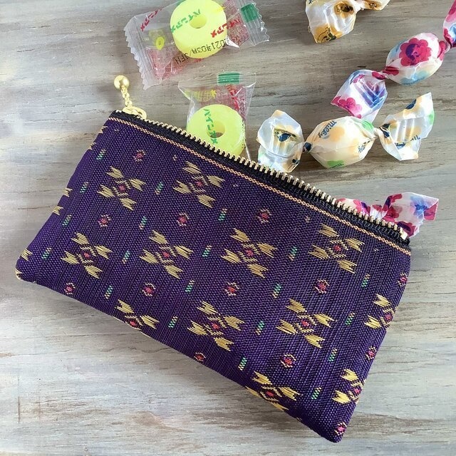 【夕暮れの街】畳縁 テトラ型 ペンケース 和風 紫 金 絣 宝石