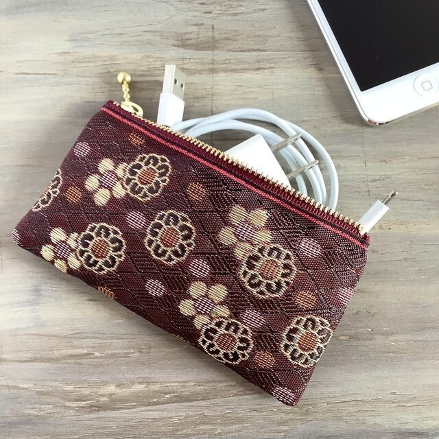 【暮春】畳縁 ぺたんこ ミニポーチ カードケース 小銭入れ 和風 赤紫 梅 花柄