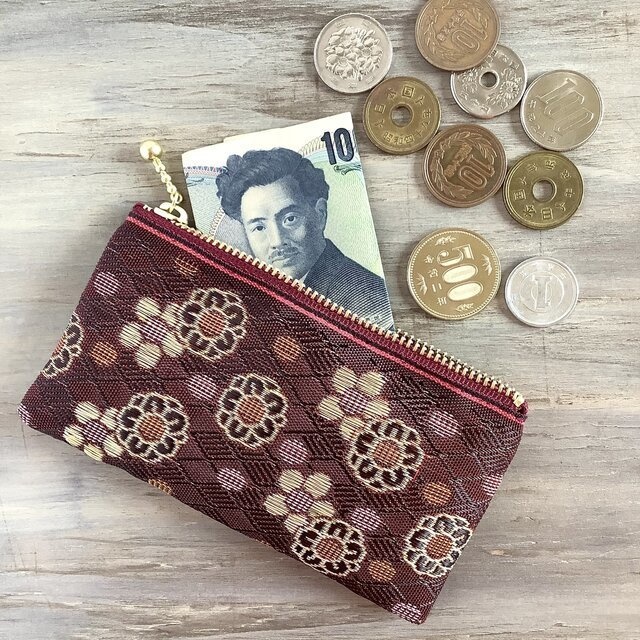 【暮春】畳縁 ぺたんこ ミニポーチ カードケース 小銭入れ 和風 赤紫 梅 花柄