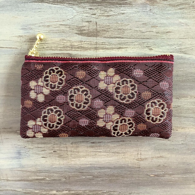 【暮春】畳縁 ぺたんこ ミニポーチ カードケース 小銭入れ 和風 赤紫 梅 花柄