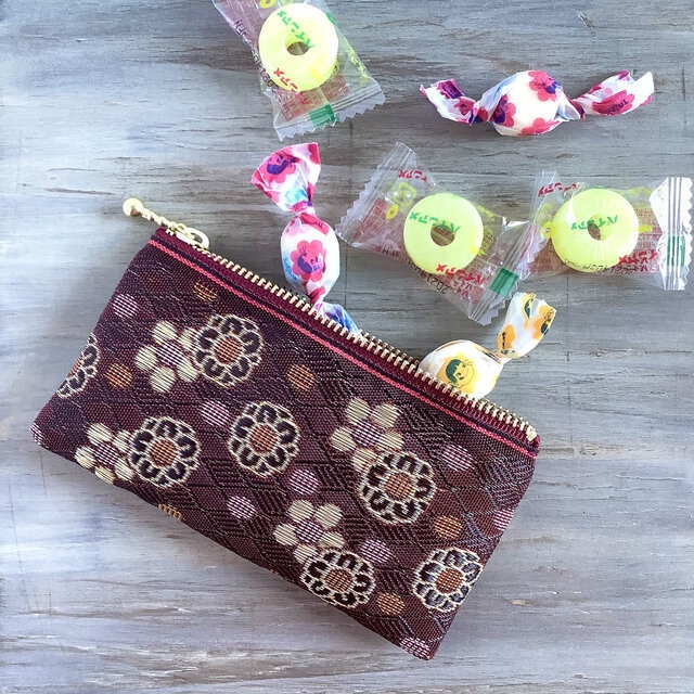 【暮春】畳縁 ぺたんこ ミニポーチ カードケース 小銭入れ 和風 赤紫 梅 花柄