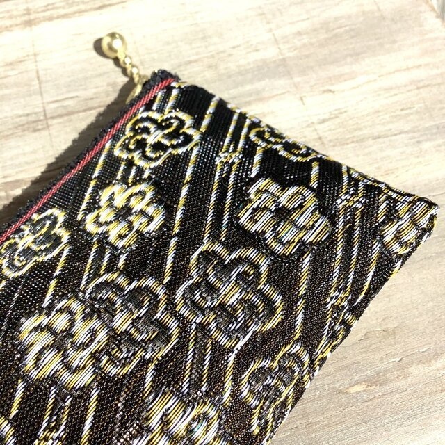 【月光花】畳縁 ぺたんこ ミニポーチ カードケース 小銭入れ 和風 黒 梅 花