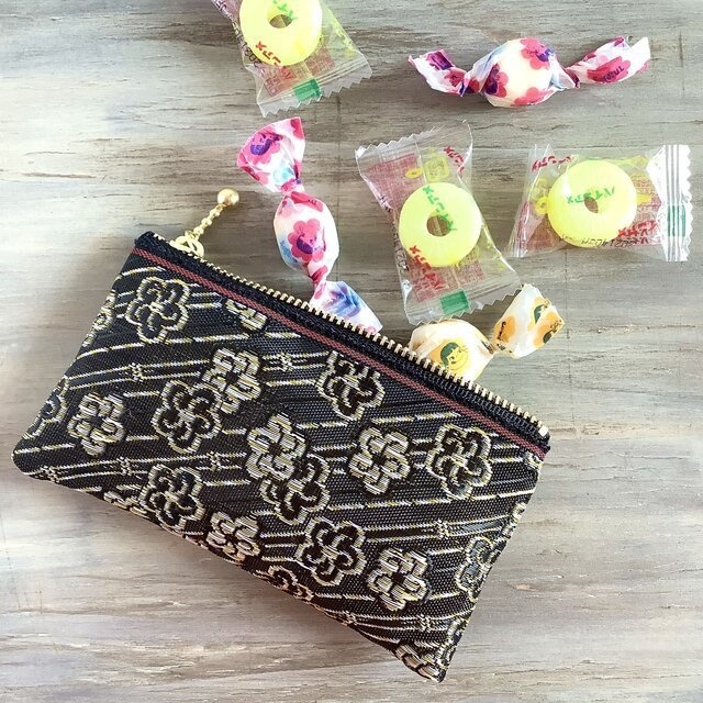 【月光花】畳縁 ぺたんこ ミニポーチ カードケース 小銭入れ 和風 黒 梅 花