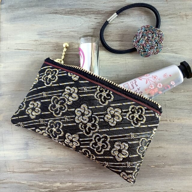 【月光花】畳縁 ぺたんこ ミニポーチ カードケース 小銭入れ 和風 黒 梅 花