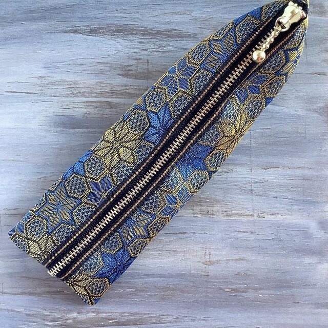 【ダビデの星】畳縁 テトラ型 ペンケース 和風 ブルー 金 六芒星 ヘキサゴン