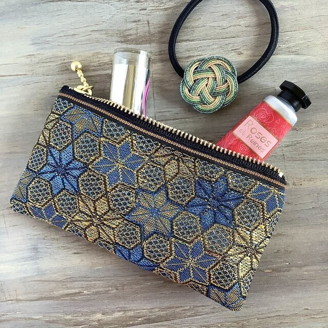 【ダビデの星】畳縁 テトラ型 ペンケース 和風 ブルー 金 六芒星 ヘキサゴン