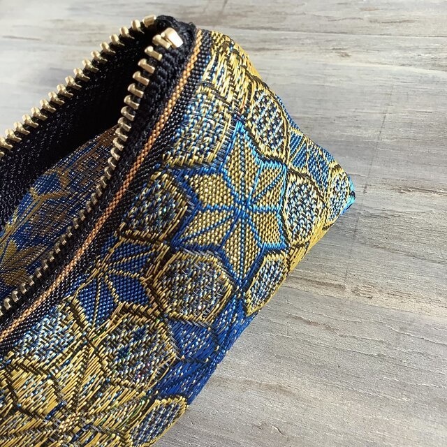 【ダビデの星】畳縁 テトラ型 ペンケース 和風 ブルー 金 六芒星 ヘキサゴン