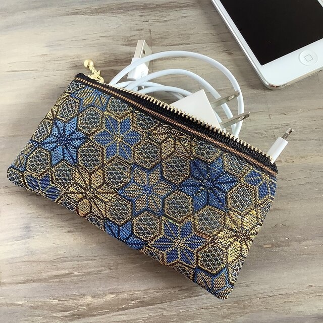 【ダビデの星】畳縁 ぺたんこ ミニポーチ カードケース 小銭入れ 和風 ブルー 金 六芒星 ヘキサゴン