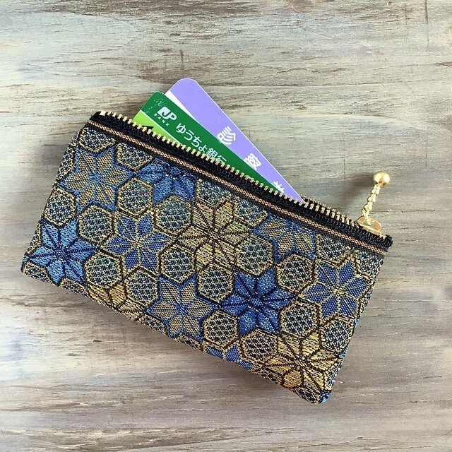 【ダビデの星】畳縁 ぺたんこ ミニポーチ カードケース 小銭入れ 和風 ブルー 金 六芒星 ヘキサゴン