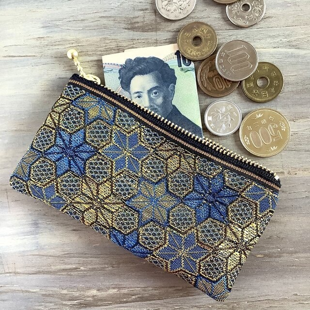 【ダビデの星】畳縁 ぺたんこ ミニポーチ カードケース 小銭入れ 和風 ブルー 金 六芒星 ヘキサゴン