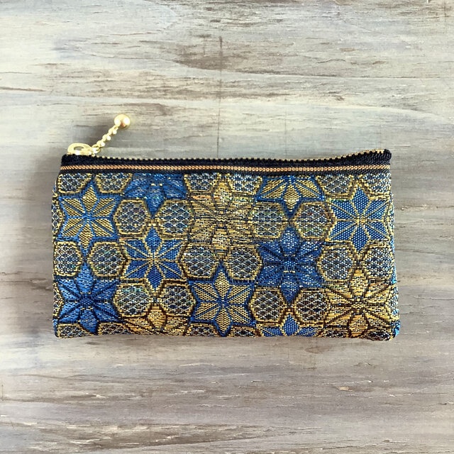 【ダビデの星】畳縁 ぺたんこ ミニポーチ カードケース 小銭入れ 和風 ブルー 金 六芒星 ヘキサゴン