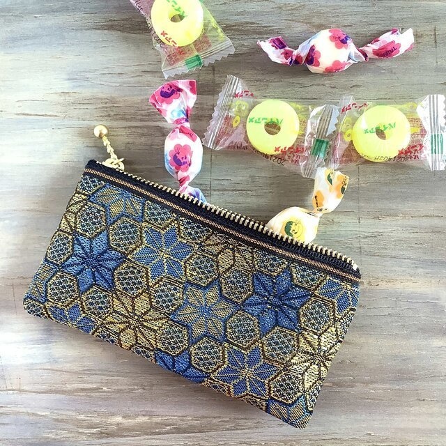 【ダビデの星】畳縁 ぺたんこ ミニポーチ カードケース 小銭入れ 和風 ブルー 金 六芒星 ヘキサゴン