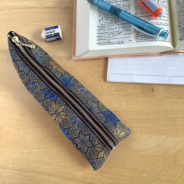 【ダビデの星】畳縁 ぺたんこ ミニポーチ カードケース 小銭入れ 和風 ブルー 金 六芒星 ヘキサゴン