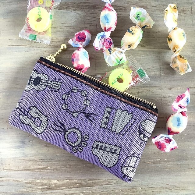 【楽器】畳縁 ぺたんこ ミニポーチ カードケース 小銭入れ 和風 ユニーク ギター トランペット ピアノ 紫