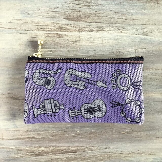 【楽器】畳縁 ぺたんこ ミニポーチ カードケース 小銭入れ 和風 ユニーク ギター トランペット ピアノ 紫