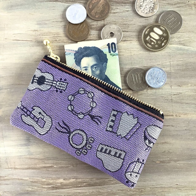 【楽器】畳縁 ぺたんこ ミニポーチ カードケース 小銭入れ 和風 ユニーク ギター トランペット ピアノ 紫