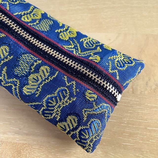 【金の松】畳縁 テトラ型 ミニポーチ 小銭入れ 和風 縁起物 青 ゴールド