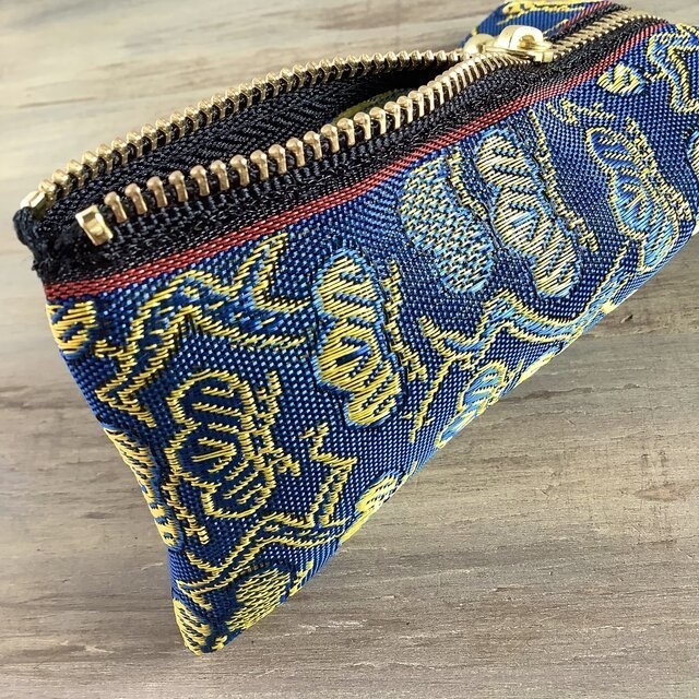 【金の松】畳縁 テトラ型 ミニポーチ 小銭入れ 和風 縁起物 青 ゴールド