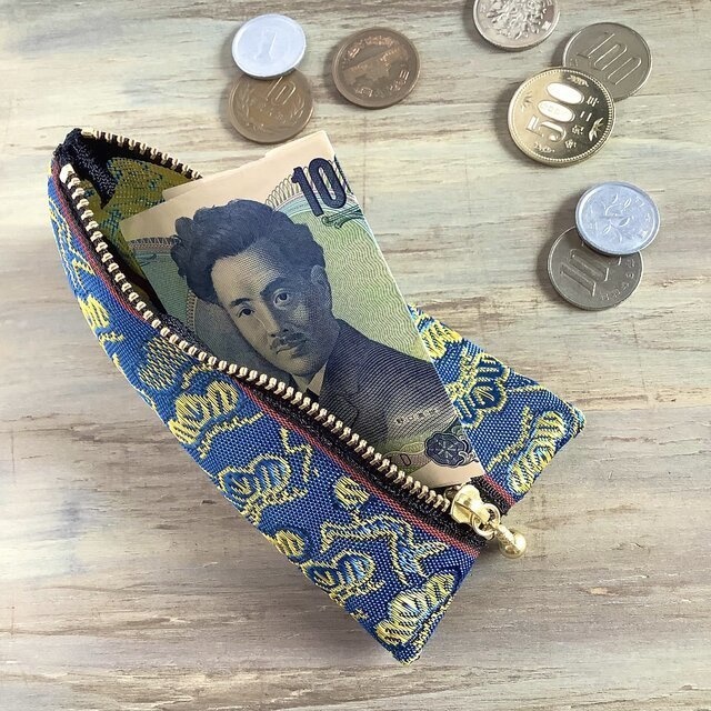 【金の松】畳縁 テトラ型 ミニポーチ 小銭入れ 和風 縁起物 青 ゴールド