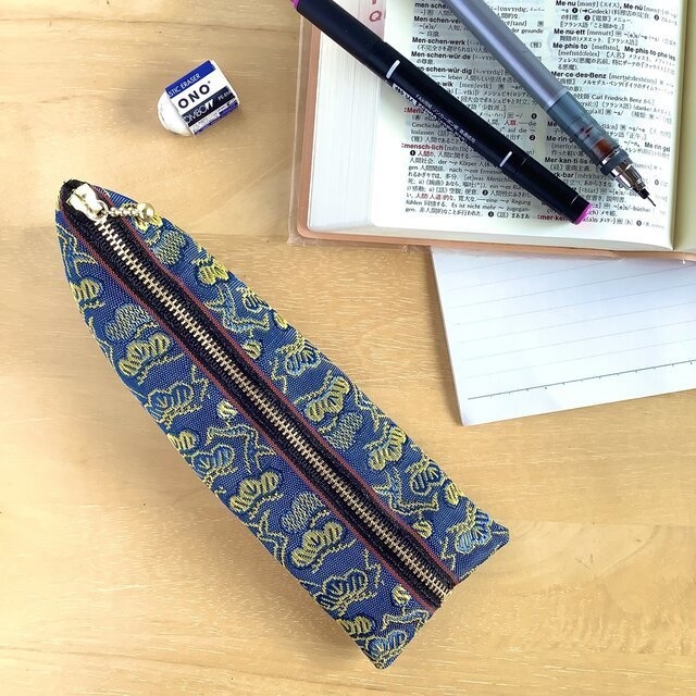 【金の松】畳縁 テトラ型 ミニポーチ 小銭入れ 和風 縁起物 青 ゴールド