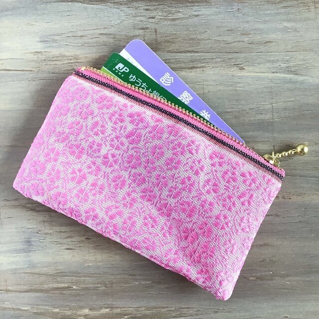 【なでしこ】畳縁 ぺたんこ ミニポーチ カードケース 小銭入れ 和風 撫子 ピンク