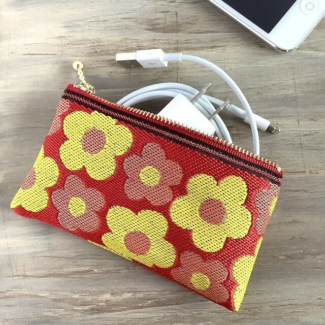 【レトロポップ 花柄】畳縁 ぺたんこ ミニポーチ カードケース 小銭入れ 赤橙色 大人可愛い