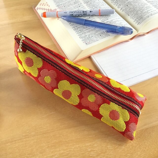 【レトロポップ 花柄】畳縁 ぺたんこ ミニポーチ カードケース 小銭入れ 赤橙色 大人可愛い