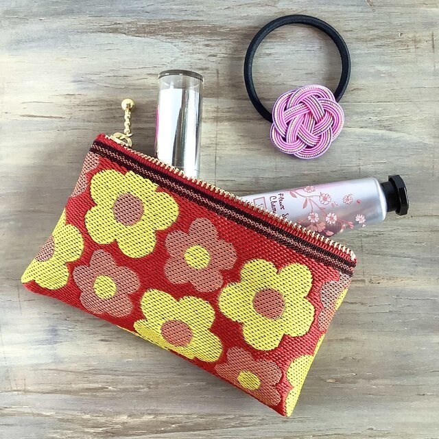 【レトロポップ 花柄】畳縁 ぺたんこ ミニポーチ カードケース 小銭入れ 赤橙色 大人可愛い