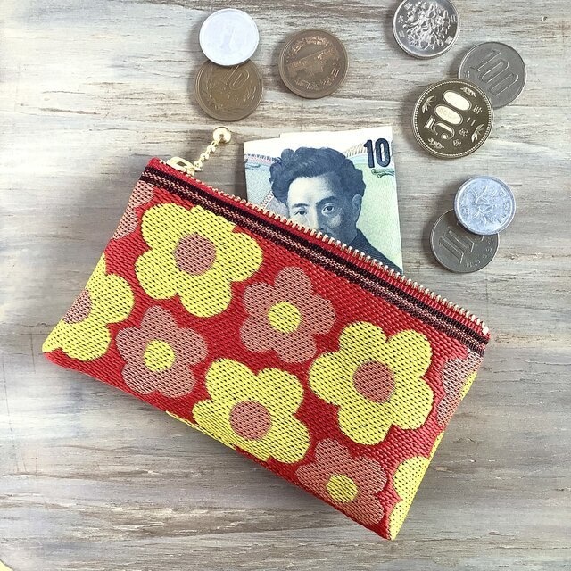 【レトロポップ 花柄】畳縁 ぺたんこ ミニポーチ カードケース 小銭入れ 赤橙色 大人可愛い