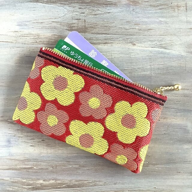 【レトロポップ 花柄】畳縁 ぺたんこ ミニポーチ カードケース 小銭入れ 赤橙色 大人可愛い