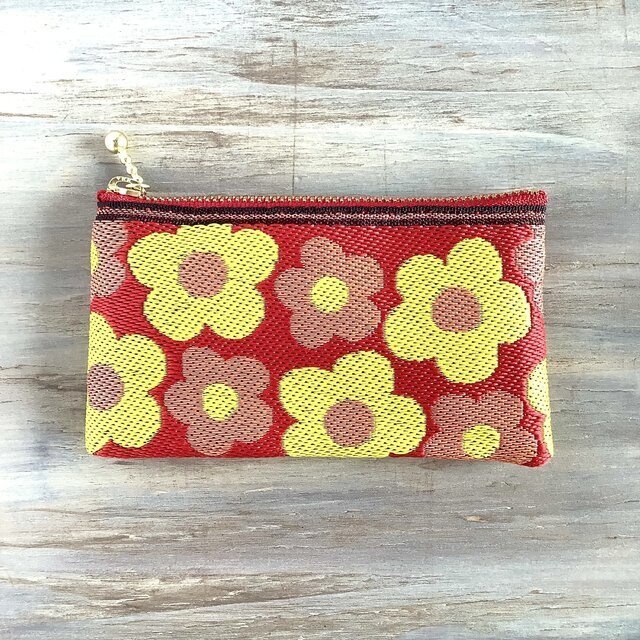 【レトロポップ 花柄】畳縁 ぺたんこ ミニポーチ カードケース 小銭入れ 赤橙色 大人可愛い