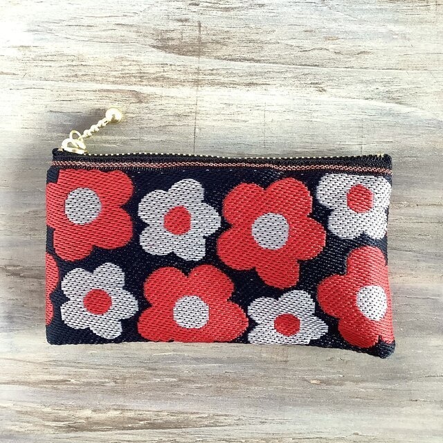 【レトロポップ 花柄】畳縁 ぺたんこ ミニポーチ カードケース 小銭入れ 赤黒 大人可愛い