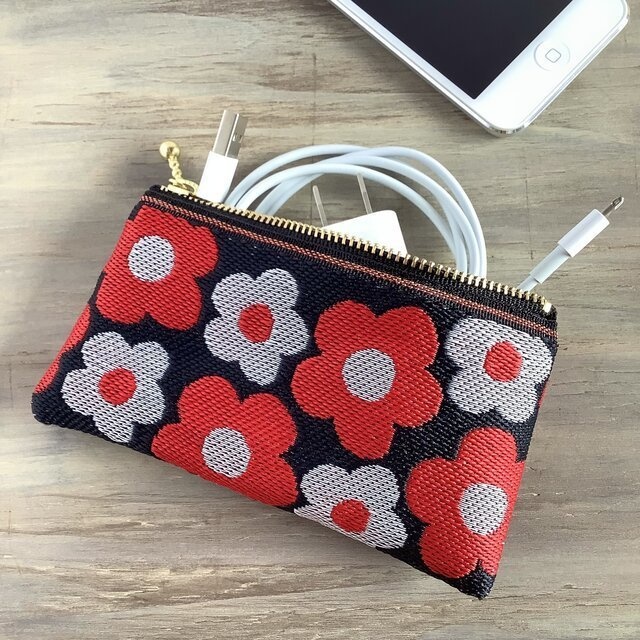 【レトロポップ 花柄】畳縁 ぺたんこ ミニポーチ カードケース 小銭入れ 赤黒 大人可愛い