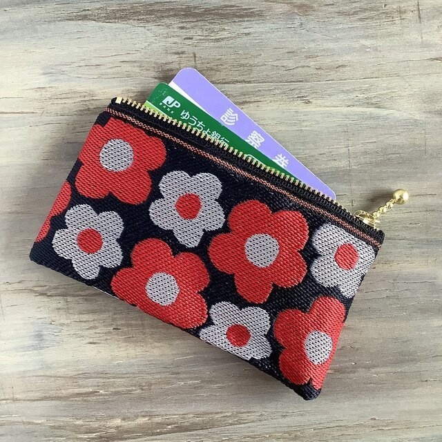 【レトロポップ 花柄】畳縁 ぺたんこ ミニポーチ カードケース 小銭入れ 赤黒 大人可愛い