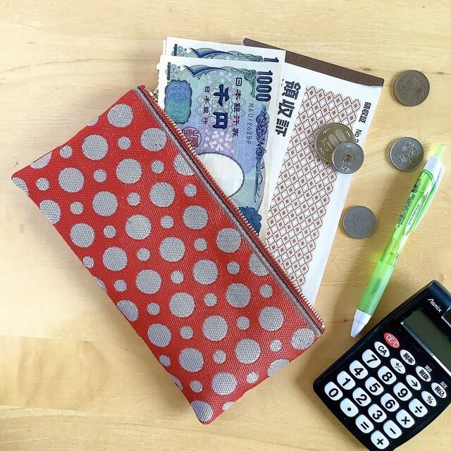 【水玉】畳縁 幅広 ぺたんこ ペンケース ポーチ マスクケース ドット 赤 白