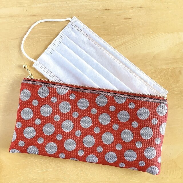 【水玉】畳縁 幅広 ぺたんこ ペンケース ポーチ マスクケース ドット 赤 白