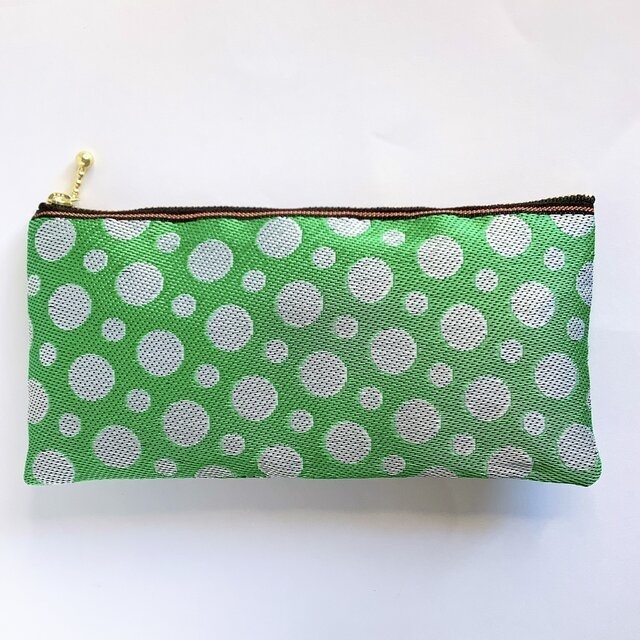 【水玉】畳縁 幅広 ぺたんこ ペンケース ポーチ マスクケース ドット 緑 白