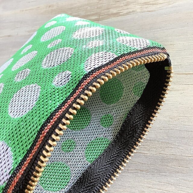 【水玉】畳縁 幅広 ぺたんこ ペンケース ポーチ マスクケース ドット 緑 白