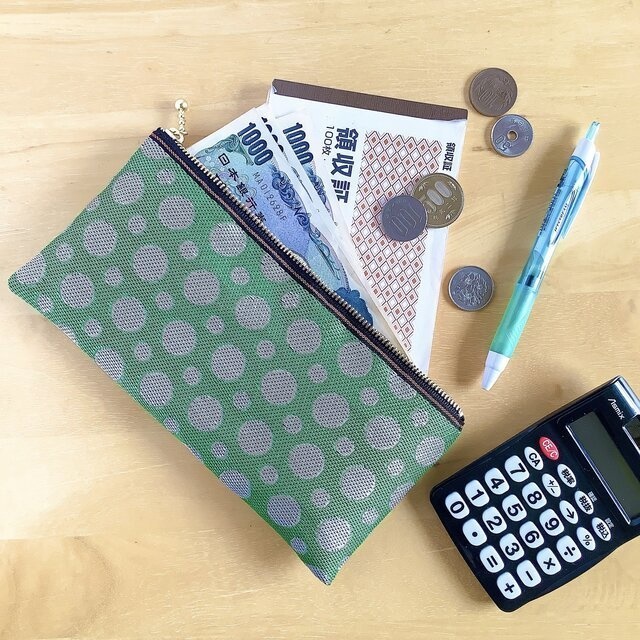 【水玉】畳縁 幅広 ぺたんこ ペンケース ポーチ マスクケース ドット 緑 白