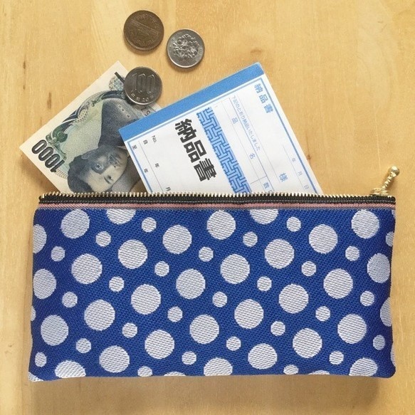 【水玉】畳縁 幅広 ぺたんこ ペンケース ポーチ マスクケース ドット 青 白