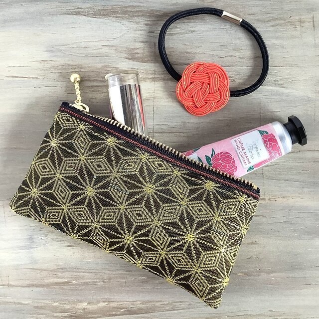 【キウイ麻の葉】畳縁 ぺたんこ ミニポーチ カードケース 小銭入れ 和風 黒 金