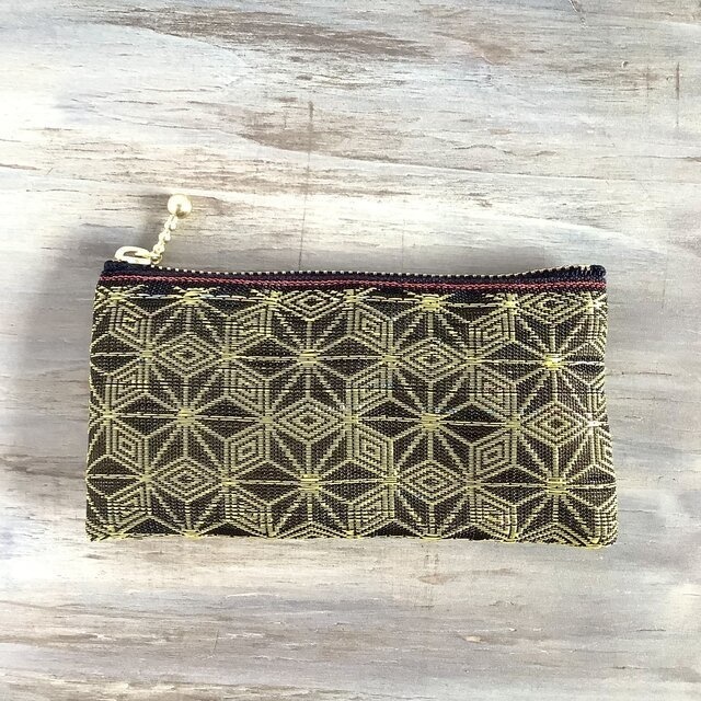 【キウイ麻の葉】畳縁 ぺたんこ ミニポーチ カードケース 小銭入れ 和風 黒 金