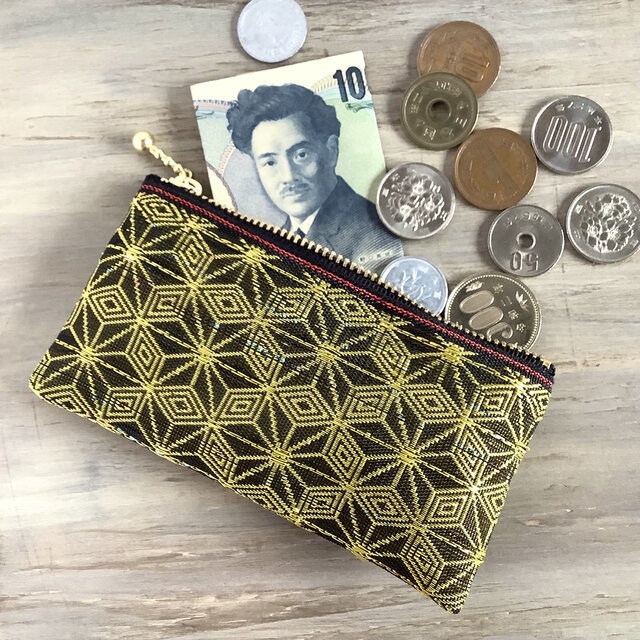 【キウイ麻の葉】畳縁 ぺたんこ ミニポーチ カードケース 小銭入れ 和風 黒 金