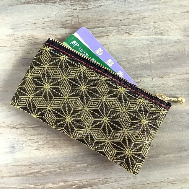 【キウイ麻の葉】畳縁 ぺたんこ ミニポーチ カードケース 小銭入れ 和風 黒 金
